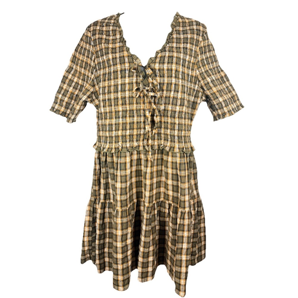 American Eagle‎ Milkmaid Prairie Plaid Mini Dress Puff Sleeve Tie Front XL Boho